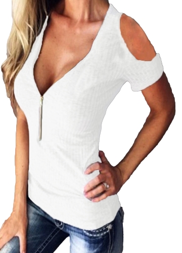 T-shirt donna Solid elasticizzata a costine Deep V Cold Shoulder Zipper manica corta tagliata Slim Casual Top