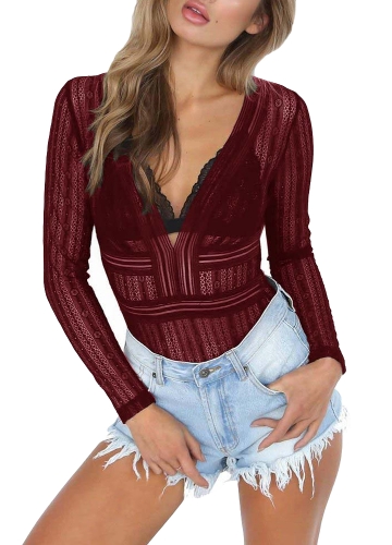 

Женщины Sexy Bodysuit Sheer Lace Hollow Out Deep V Шея с длинным рукавом Backless Tights Bodycon Комбинезон Rompers