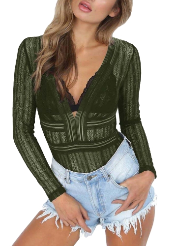 

New Women Sexy Bodysuit Sheer Lace Hollow Out Deep V Neck Long Sleeve Backless Tights Bodycon Jumpsuit Rompers