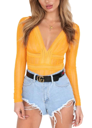 

Women Sexy Bodysuit Sheer Lace Hollow Out Deep V Neck Long Sleeve Backless Tights Bodycon Jumpsuit Rompers