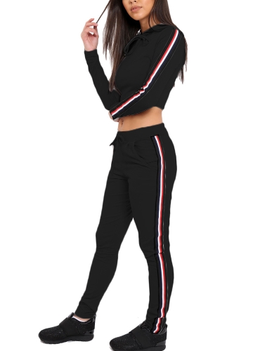 

Women Two Pieces Hoody Crop Top Pencil Pants Striped Slim Sports Casual Tracksuits Hoodies Trousers