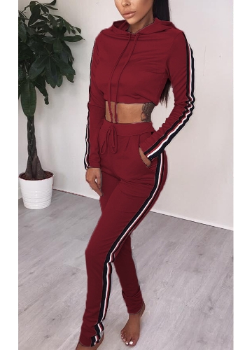 

Women Two Pieces Hoody Crop Top Pencil Pants Striped Slim Sports Casual Tracksuits