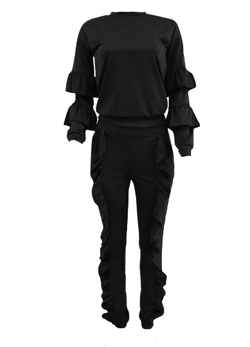 

Fashion Women Two-Piece Set Solid Ruffled Top Drawstring Long Pants Long Sleeve Hoodies Casual Sportswear