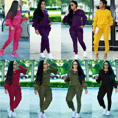 

Fashion Women Two-Piece Set Solid Ruffled Top Drawstring Long Pants Long Sleeve Hoodies Casual Sportswear
