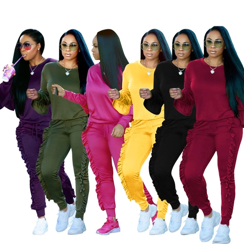 

Fashion Women Two-Piece Set Solid Ruffled Top Drawstring Long Pants Long Sleeve Hoodies Casual Sportswear