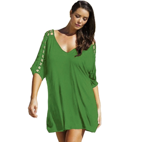 Mujeres atractivas de gran tamaño V profundo ahueca hacia fuera la mitad de las mangas de la cubierta suelta Ups Shift Casual Mini vestido Beachwear