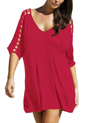 

Sexy Women Oversized Deep V Dress Hollow Out Half Sleeves Loose Cover Ups Shift Casual Mini Dress Beachwear