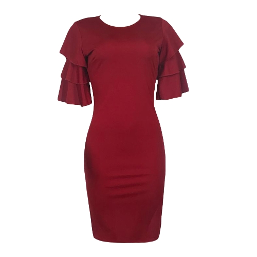 

Sexy Women Pencil Dress Ruffle O-Neck Layered Sleeve Nightclub Party Bodycon Slim Midi Dress