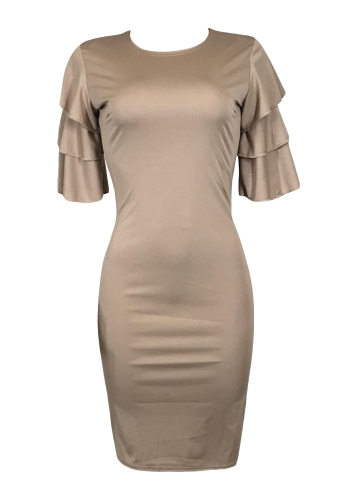 

Sexy Women Pencil Dress Ruffle O-Neck Layered Sleeve Nightclub Party Bodycon Slim Midi Dress