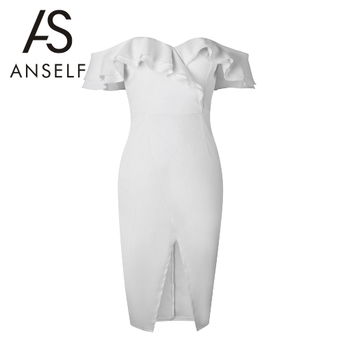 

Women Bodycon Midi Dress Ruffles Short Sleeves Heart Neck Bandage Padded Cut Out Front Wedding Party Dress