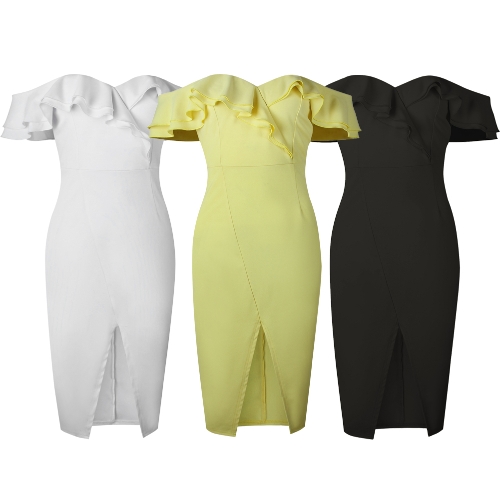 

Женщины Bodycon Midi Dress Ruffles Короткие рукава Heart Neck Bandage Мягкие вырезанные наручные свадебные платья