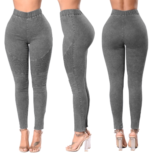 Women Skinny Jeans Denim High Waist Elastic Washed Ruched Skinny Pencil Trousers Tights Leggings