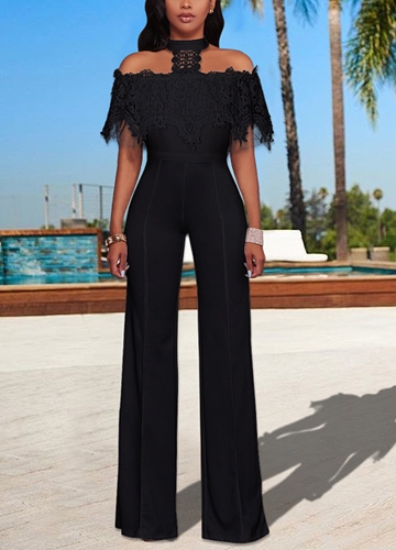 

Women Off the Shoulder Jumpsuit Lace Halter Wide Leg Pants Long Trousers Overalls Playsuit