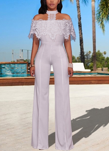 Women Off the Shoulder Jumpsuit Lace Halter Wide Leg Pants Long Trousers Overalls Playsuit