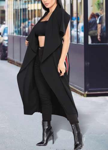 

Women Coat Outerwear Striped Belt Sleeveless Turn-Down Collar Open Front Casual Long Overcoat