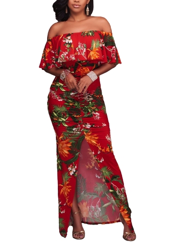 Women Dress Contrast Floral Leaves Print Off the Shoulder Ruffle Ruching High Split Maxi Long Gown