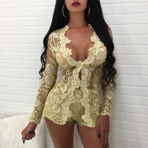 

Sexy Women Lace Two Piece Set Mesh Top Long Sleeves Floral Embroidery Solid Shorts Outfit