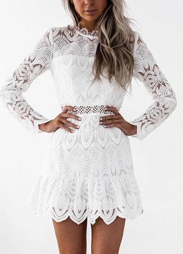 

Women Lace Hollow Out Long Sleeves O-Neck Dress Elegant Mini Evening Party Slim Dresses