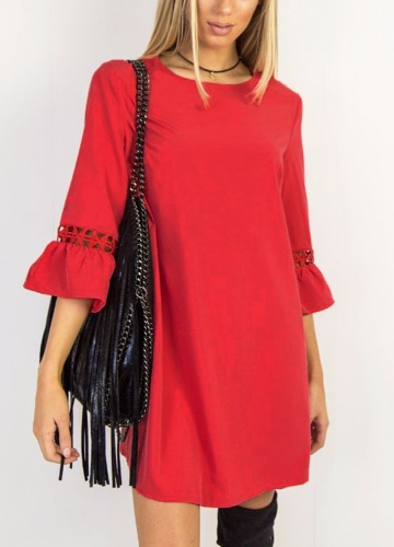 

Fashion Women Mini Dress O Neck 3/4 Flare Sleeve Hollow Out Solid Color Casual Party Dress