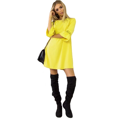 

Модные женские мини-платья O Шея 3/4 Flare Sleeve Hollow Out Solid Color Casual Party Dress