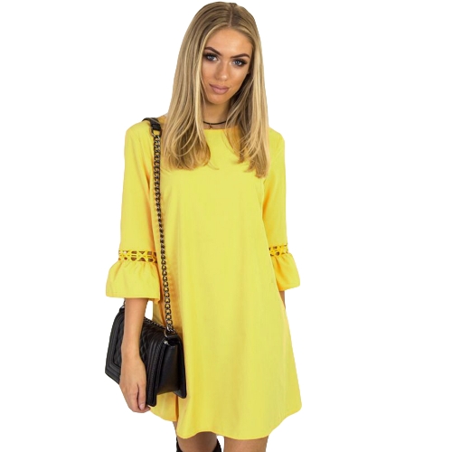 

Модные женские мини-платья O Шея 3/4 Flare Sleeve Hollow Out Solid Color Casual Party Dress