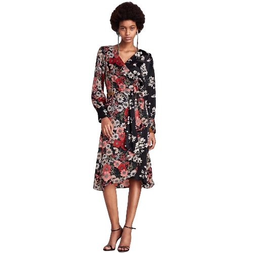 Women Chiffon Floral Dress Kimono Cardigan Sash V-Neck Long Sleeve Boho Cover Up Belted Midi Dress