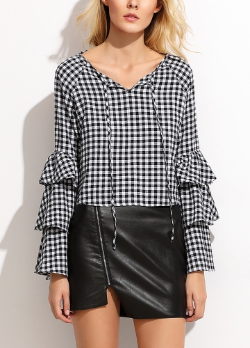 

Women Plaid Blouse Top Ruffle Long Sleeves V-Neck Elegant Casual Shirt