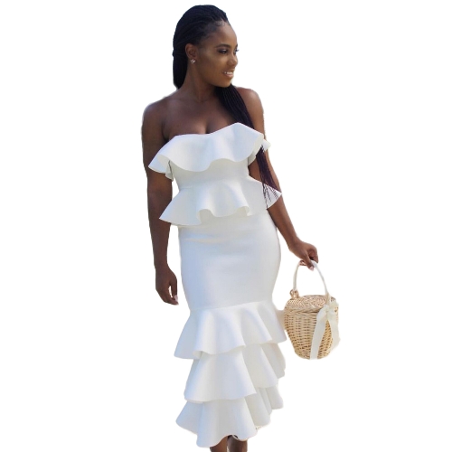 

Sexy Women Elegant Ruffles Strapless Dress Bardot Neck Off Shoulder Frill Hem Party Celebrity Bodycon Dress