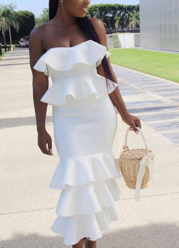 Sexy Women Elegant Ruffles Strapless Dress Bardot Neck Off the Shoulder Frill Hem Party Celebrity Bodycon Dress