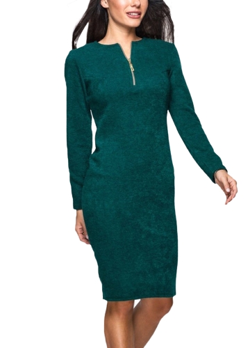 

New Women Solid Dress Long Sleeve Front Zip Up Elegant Party Pencil Mini Bodycon Dress Green/Grey/Red
