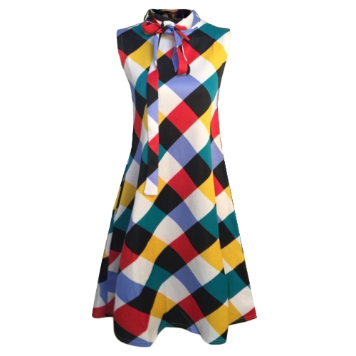 

Women Plus Size Loose Dress Plaid Print Sleeveless Bow Casual Party Mini Tank Dresses