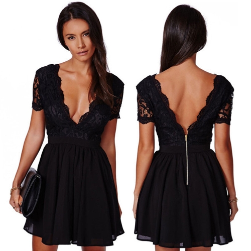 

Women Dress Crochet Lace Deep V Neck Backless Short Sleeve Scalloped Exposed Zipper Sexy Bodycon Mini One-Piece