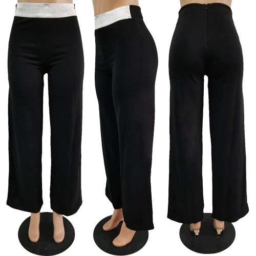 

Women Pants Glitter Sequined High Waist Straight Wide Legs Casual Trousers Dance Stage Wear Black