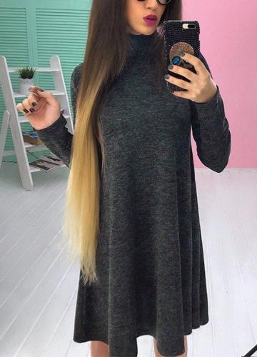 

Women T-shirt Dress Solid Color High Neck Long Sleeve A-Line Flare Mini Basic Casual One-Piece