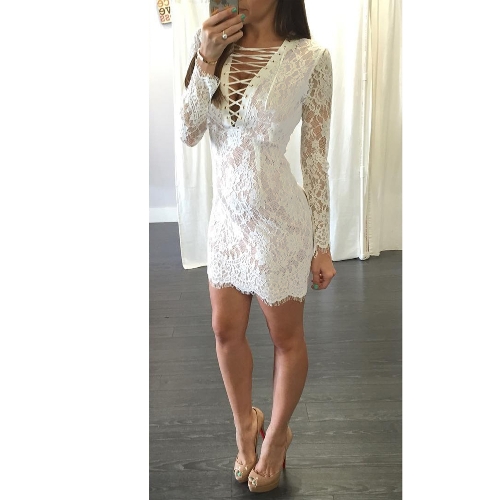

Sexy Women Lace Dress Deep V Neck Crisscross Bandage Long Sleeve Slim Bodycon Mini Dress