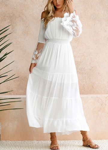 

Sexy Women Maxi Длинные платья с плеча Кружева Flare рукава Элегантный вечер Боэ платье