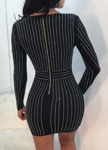 

Sexy Women Bodycon Dress Rhinestone Scoop Neck Long Sleeves Nightwear Evening Party Mini Dresses