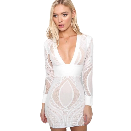 Vestido de malla de las mujeres ahueca hacia fuera el vestido de fiesta ocasional del bodycon de la manga larga con cuello en V profundo negro / blanco