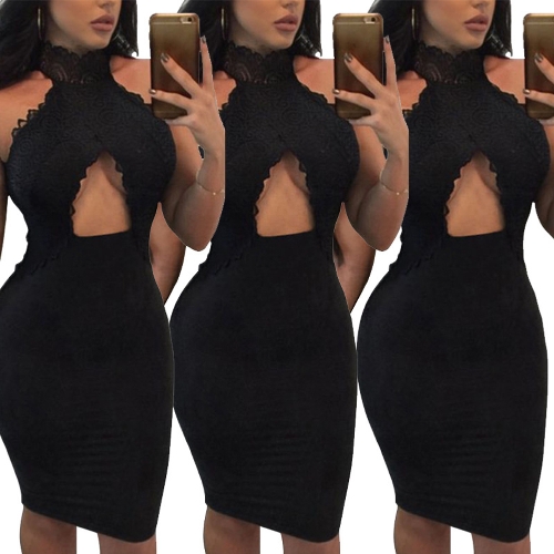 

Новые сексуальные женщины вязания крючком кружева передние Bodycon платье Высокий шея выдолбленный вечер вечернего клуба Midi Dres