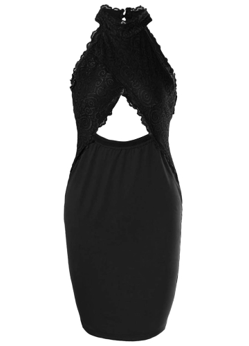

Sexy Women Crochet Lace Cross Front Bodycon Dress High Neck Hollow Out Evening Party Club Midi Dress
