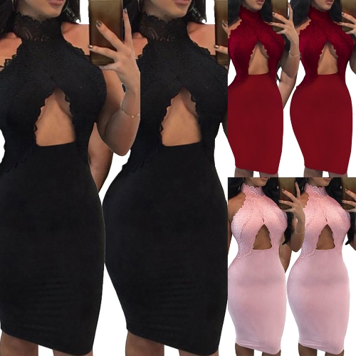 

New Sexy Women Crochet Lace Cross Front Bodycon Dress High Neck Hollow Out Evening Party Club Midi Dress