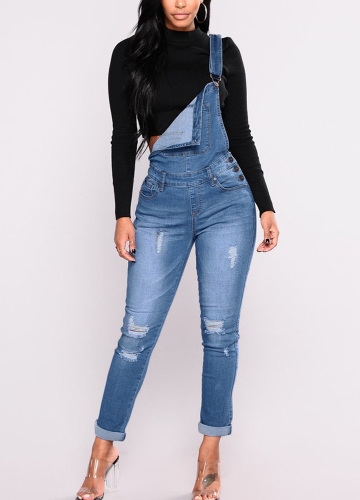 

Fashion Women Denim Overalls Ripped Stretch Dungarees High Waist Long Jeans Pencil Pants Rompers Jumpsuit Blue