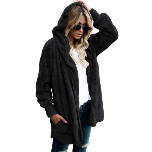 

Женщины с капюшоном длинный пальто куртки Толстовки кардигана Faux Fur Fleece Открытые передние карманы Outwear Случайные пальто