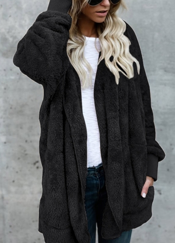 

Women Hooded Long Coat Jacket Hoodies Cardigan Faux Fur Fleece Open Front Pockets Outwear Casual Overcoats