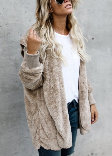 

Women Hooded Long Coat Jacket Hoodies Cardigan Faux Fur Fleece Open Front Pockets Outwear Casual Overcoats