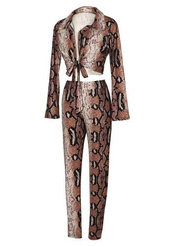 Sexy Donna Set due pezzi Stampa serpente Crop Top Deep V Neck Bandage Maniche lunghe Pantaloni lunghi Slim aderenti Kaki