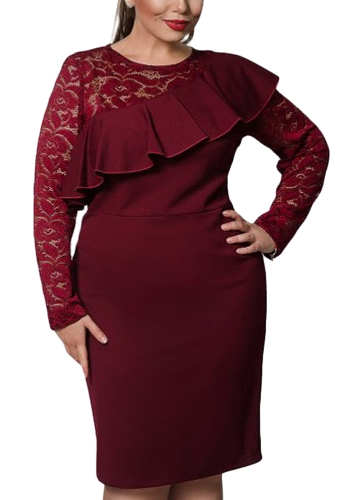 

Women Plus Size Dress Lace O-Neck Pencil Party Dress Ladies Ruffle Bodycon Slim Midi Club Vestidos
