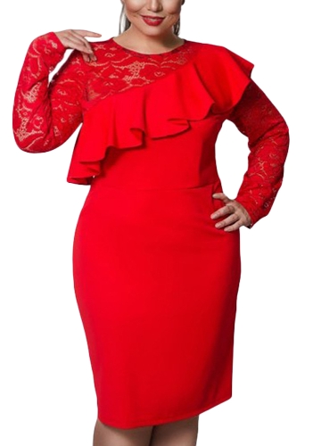 

Женщины Плюс Размер Платье Кружева O-образным вырезом Карандаш Party Dress Ladies Ruffle Bodycon Slim Midi Club Vestidos