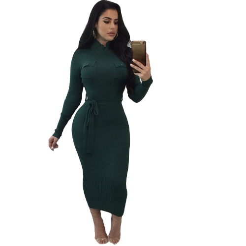 Suéter de invierno de las mujeres vestido de punto de cintura con cinturón vestido de bodycon de manga larga elástico delgado de cuello alto