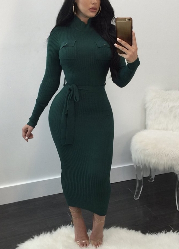 

Women Autumn Winter Sweater Knitted Dress Belted Waist Slim Elastic Turtleneck Long Sleeve Bodycon Dress